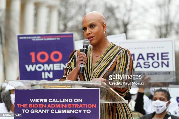 Rep. Ayanna Pressley speaks at The National Council for Incarcerated Women and Girls "100 Women for 100 Women" rally in Black Lives Matter Plaza near...