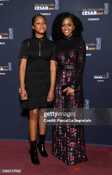 Fathia Youssouf and Maïmouna Doucoure arrive at the 46th Cesar Film Awards Ceremony At L'Olympia on March 12, 2021 in Paris, France.