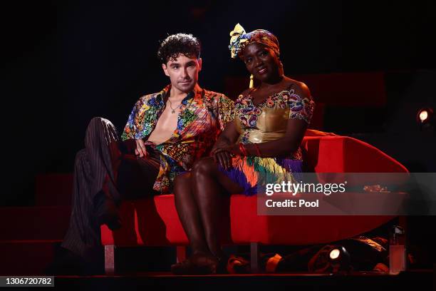 Andrzej Cibis and Auma Obama on stage during the 2nd show of the 14th season of the television competition "Let's Dance" on March 12, 2021 in...