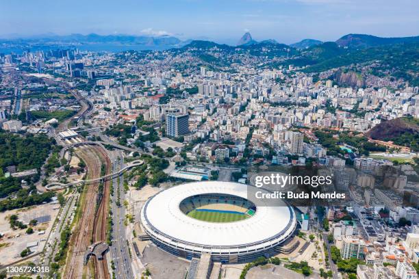 Aerial view of Maracana Stadium on March 12, 2021 in Rio de Janeiro, Brazil. Brazil's emblematic stadium officially named Estádio Jornalista Mario...