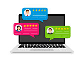 Customer reviews. User reviews bubble on laptop. Feedback, experience concept. Online review notifications with star ratings. Flat style. Vector illustration.