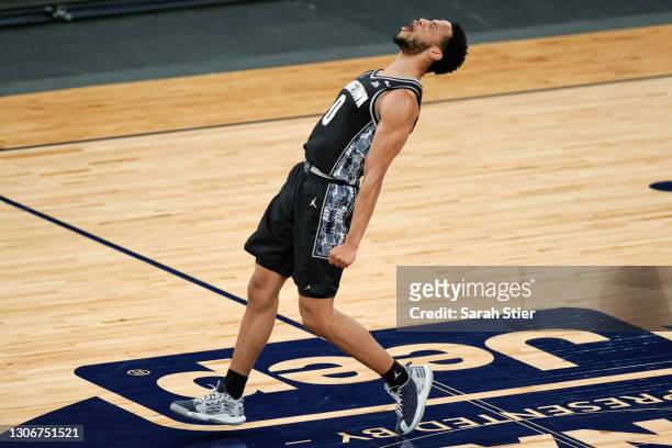 Jahvon Blair of the Georgetown Hoyas reacts after scoring in the first half against the Seton Hall Pirates during the Semifinals of the Big East...