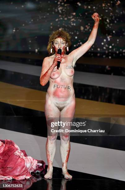 Corinne Masiero speaks on stage during the 46th Cesar Film Awards Ceremony At L'Olympia on March 12, 2021 in Paris, France.