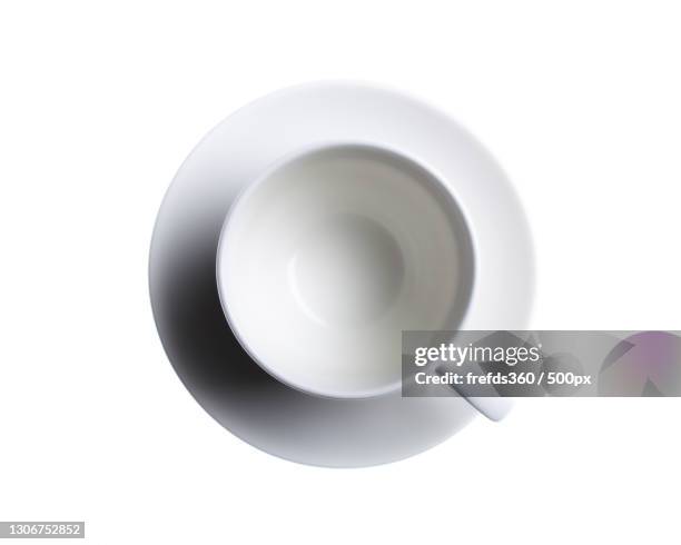 directly above shot of empty cup on white background - マグカップ ストックフォトと画像