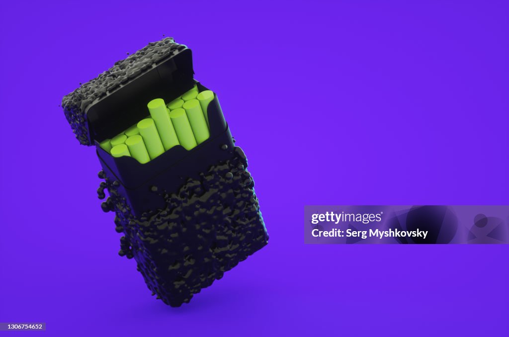 One pack of cigarettes with drops of toxic poison on a purple background. 3d render