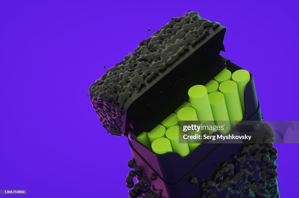 One pack of cigarettes with drops of toxic poison on a purple background. 3d render