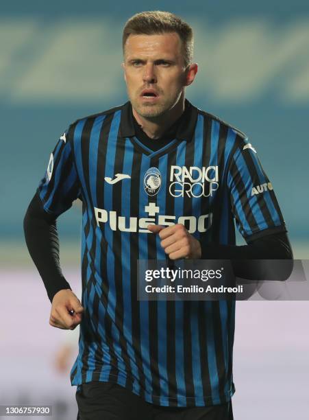 Josip Ilicic of Atalanta BC looks on during the Serie A match between Atalanta BC and Spezia Calcio at Gewiss Stadium on March 12, 2021 in Bergamo,...