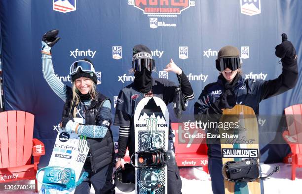 Second place finisher Jamie Anderson of the United States, winner Zoi Sadowski Synnott of New Zealand, and third place finisher Tess Coady of...
