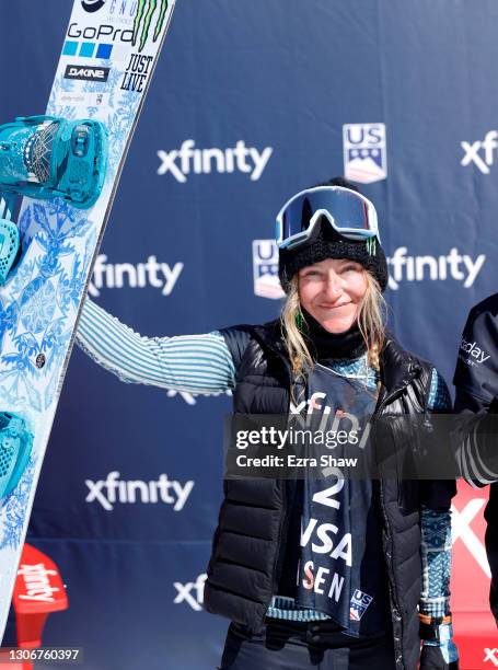 Second place finisher Jamie Anderson of the United States stands in the finish area after the women's snowboard slopestyle final during Day 3 of the...