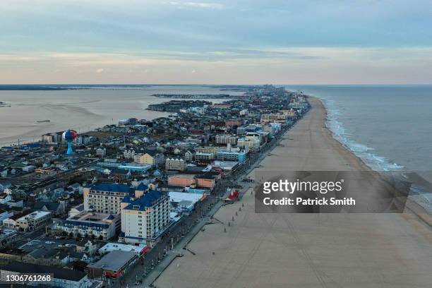 In an aerial view from a drone, the Ocean City inlet and Ocean City boardwalk is seen on March 12, 2021 in Ocean City, Maryland.