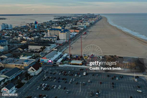 In an aerial view from a drone, the Ocean City inlet and Ocean City boardwalk is seen on March 12, 2021 in Ocean City, Maryland.