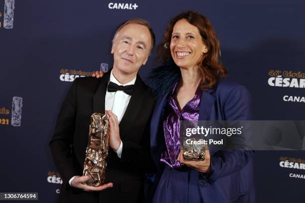 Sébastien Lifshitz and Muriel Meynard pose with the Best Documentary Cesar award for the movie “Adolescentes” during the 46th Cesar Film Awards...