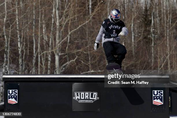 Jamie Anderson of the United States competes during the women's snowboard slopestyle final during Day 3 of the Aspen 2021 FIS Snowboard and Freeski...