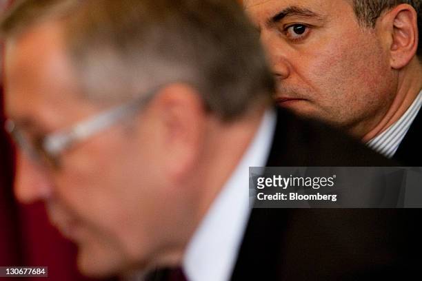 Christophe Frankel, chief financial officer of the European Financial Stability Facility , right, listens as Klaus Regling, chief executive officer...