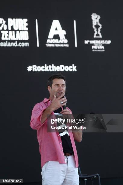 Clarke Gayford MC's an event on stage as crowds flock to the Viaduct Basin and Americas Cup Village during the America's Cup Race and between...