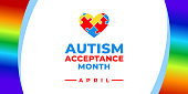 Autism Acceptance Month. Vector banner, poster, flyer, greeting card for social media with the text Autism Acceptance Month, April. Illustration with Puzzles and rainbow on white background.