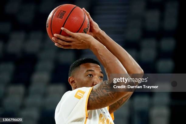 Orlando Johnson of the Bullets warms up before the NBL Cup match between the Brisbane Bullets and the Sydney Kings at John Cain Arena on March 13 in...