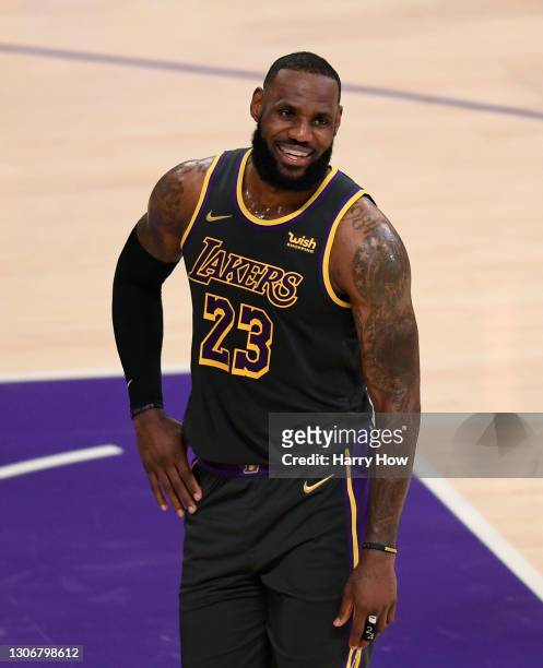LeBron James of the Los Angeles Lakers smiles during a 105-100 Lakers win over the Indiana Pacers at Staples Center on March 12, 2021 in Los Angeles,...