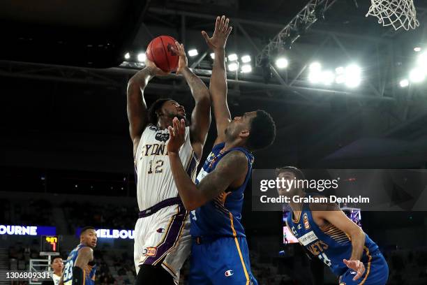 Jarell Martin of the Kings drives at the basket during the NBL Cup match between the Brisbane Bullets and the Sydney Kings at John Cain Arena on...