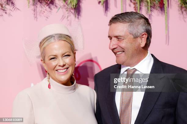 Samantha Armytage and Richard Lavender attend Chandon Ladies Day at Rosehill Gardens Racecourse on March 13, 2021 in Sydney, Australia.