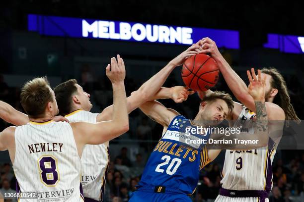 Nathan Sobey of the Bullets is stripped of the ball during the NBL Cup match between the Brisbane Bullets and the Sydney Kings at John Cain Arena on...