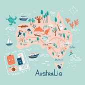 Doodle Australia map. Travel guide. Hand drawn vector illustration.