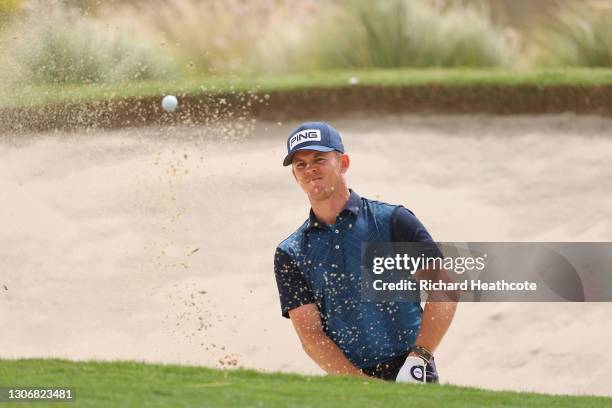 Brandon Stone of South Africa plays from a bunker on the 3rd during the third round of the Commercial Bank Qatar Masters at Education City Golf Club...