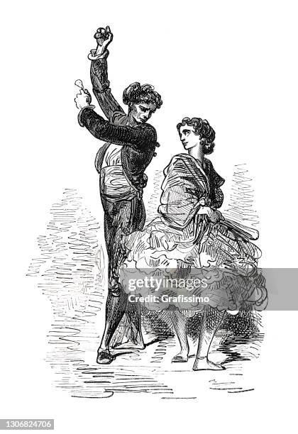 spanish couple dancing flamenco near seville 1864 - castanets stock illustrations