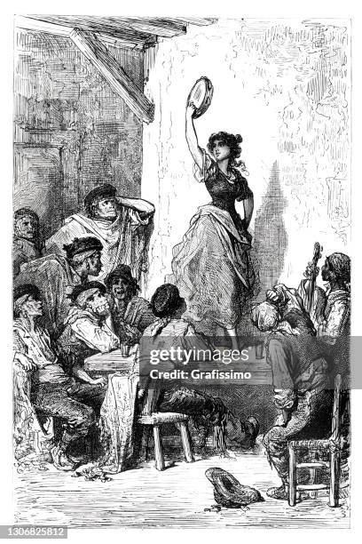 spanish gypsy woman dancing flamenco near seville 1864 - pencil drawing stock illustrations