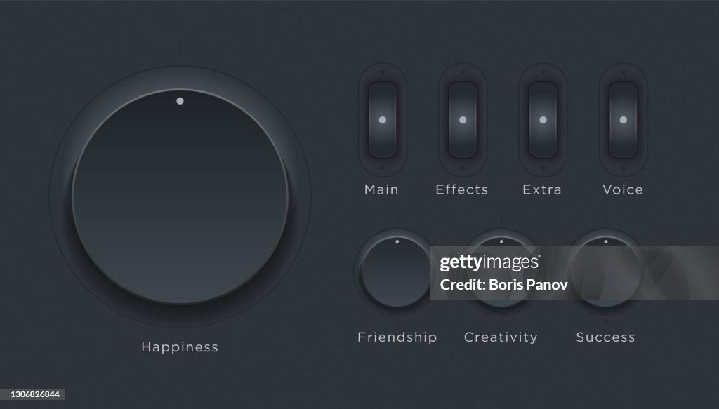 Smooth Dark UI Dashboard with Touch Screen Knobs and Buttons in a Modern and Clean Skeuomorphism or Neumorphism User Interface Dashboard