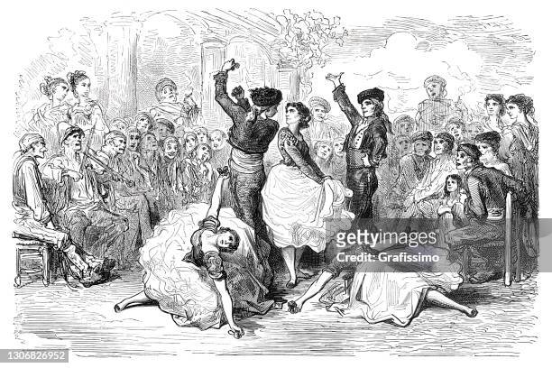 spanish people dancing dance of candil in the suburb of triana near seville1864 - seville stock illustrations