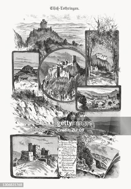 ilustraciones, imágenes clip art, dibujos animados e iconos de stock de vistas históricas de alsacia-lorena, francia/alemania, grabado en madera, publicado en 1893 - lorena