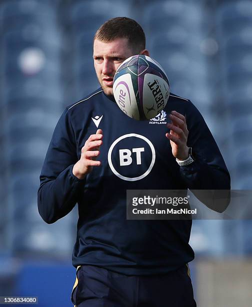 Fin Russell of Scotland is seen during the Scotland's Captains run prior to their Six Nation match against Ireland at Murrayfield on March 13, 2021...