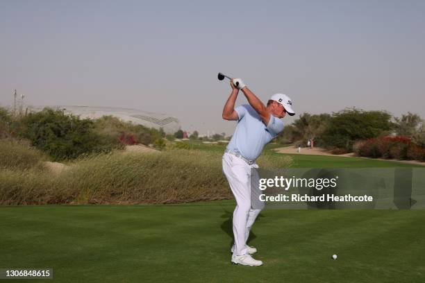 Jamie Donaldson of Wales tee's off at the 17th during the third round of the Commercial Bank Qatar Masters at Education City Golf Club on March 13,...