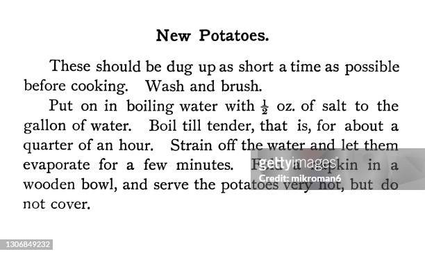old engraved illustration of antique cookbook cookery recipe, new potatoes - english language stock pictures, royalty-free photos & images