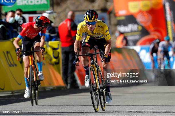 Arrival / Primoz Roglic of Slovenia and Team Jumbo - Visma Yellow leader jersey, Gino Mader of Switzerland and Team Bahrain Victorious, Maximilian...