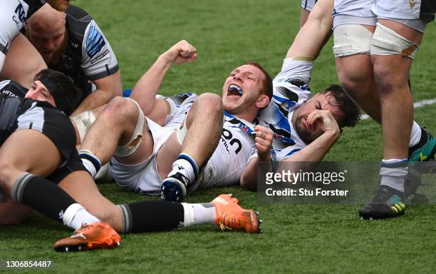 Bath forward Sam Underhill celebrates after Bath score their 6th try during the Gallagher Premiership Rugby match between Newcastle Falcons and Bath...