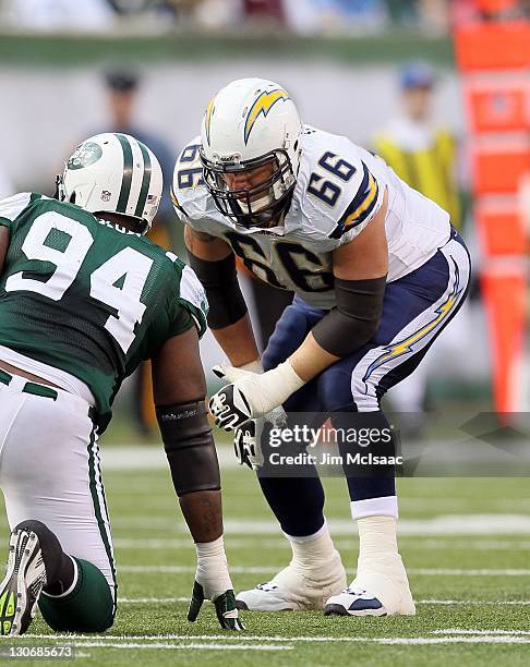 Jeromey Clary of the San Diego Chargers in action against the New York Jets on October 23, 2011 at MetLife Stadium in East Rutherford, New Jersey....