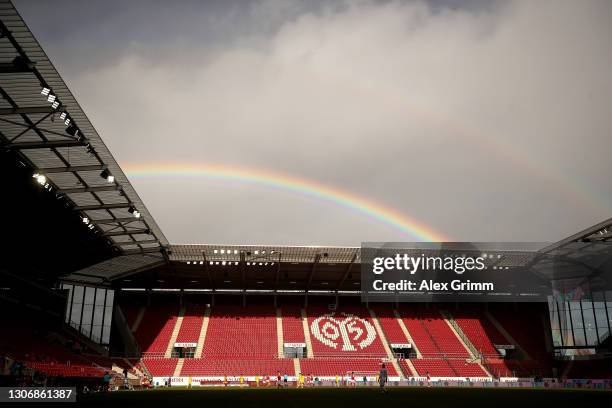 General view inside the stadium where a rainbow is seen during the Bundesliga match between 1. FSV Mainz 05 and Sport-Club Freiburg at Opel Arena on...