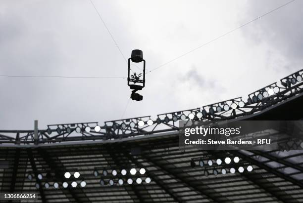 Detailed view of Spider Cam prior to the Guinness Six Nations match between England and France at Twickenham Stadium on March 13, 2021 in London,...