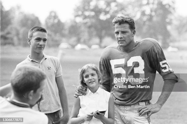 Giants football player Frank Gifford retuning to the Giants as a flanker after 18 months retirement from a serious head injury in 1960, photographed...