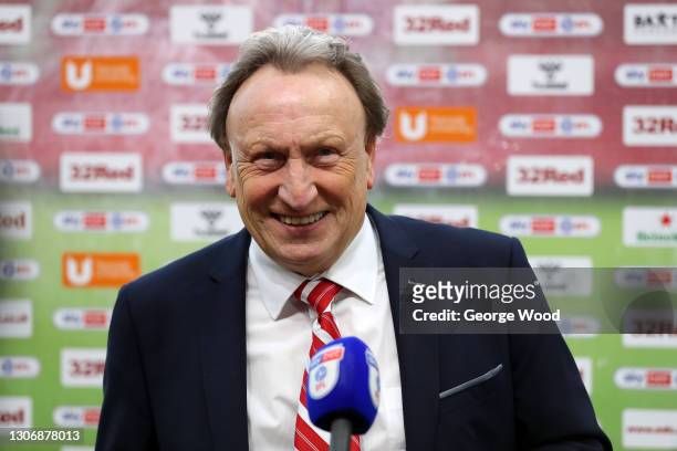 Neil Warnock, Manager of Middlesbrough reacts as he speaks to media following the Sky Bet Championship match between Middlesbrough and Stoke City at...