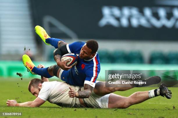 Virimi Vakatawa of France is tackled by Luke Cowan-Dickie of England during the Guinness Six Nations match between England and France at Twickenham...