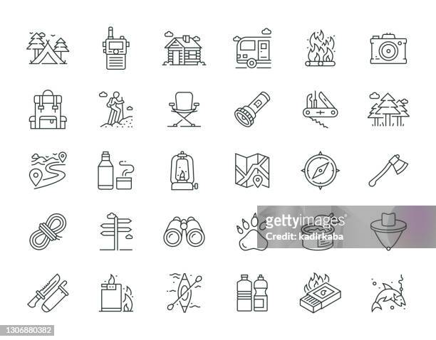 stockillustraties, clipart, cartoons en iconen met camping thin line series pictogram set - sport torch