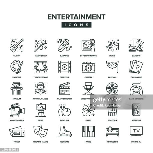 stockillustraties, clipart, cartoons en iconen met entertainment line icon set - the piano film