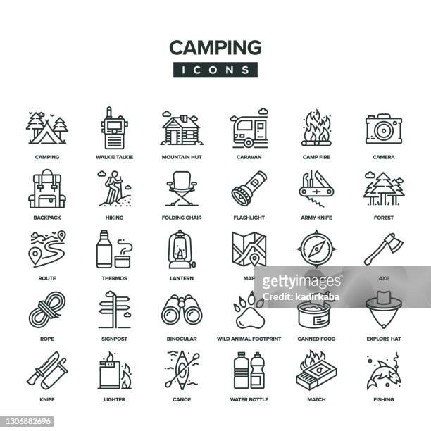 camping line-icon-set - bergsteiger mit karte und rucksack stock-grafiken, -clipart, -cartoons und -symbole