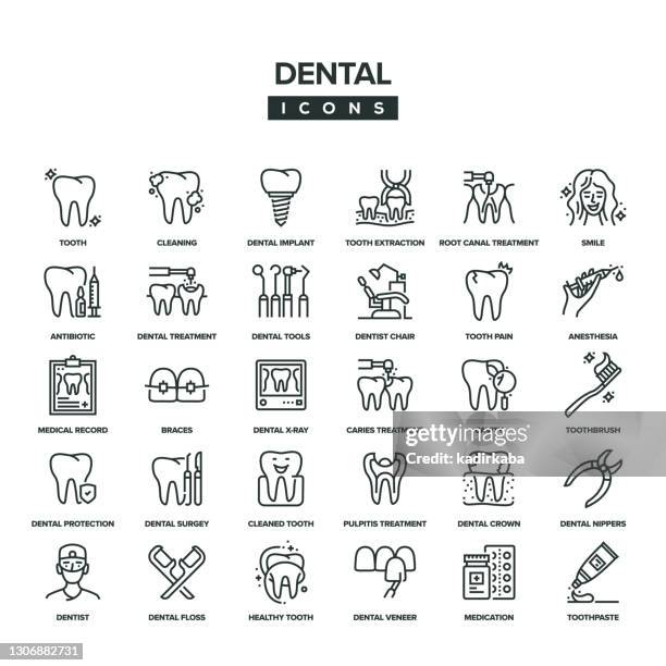 ilustraciones, imágenes clip art, dibujos animados e iconos de stock de conjunto de iconos de línea dental - dentista