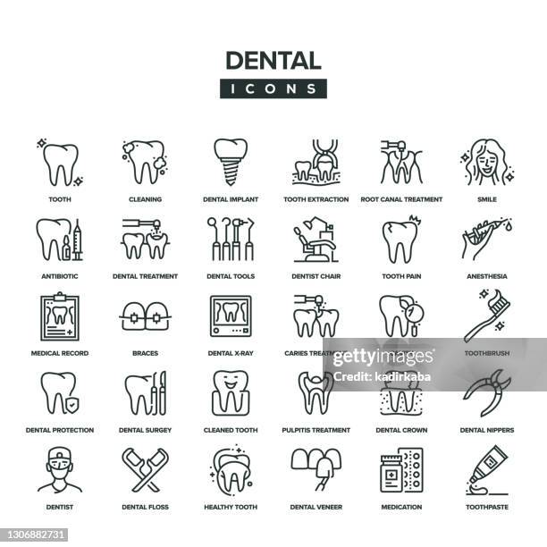 ilustrações de stock, clip art, desenhos animados e ícones de dental line icon set - higiene dental