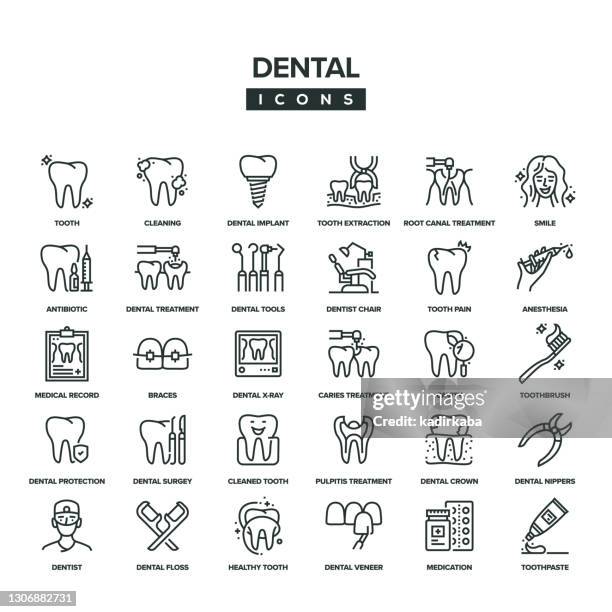 ilustrações de stock, clip art, desenhos animados e ícones de dental line icon set - implante