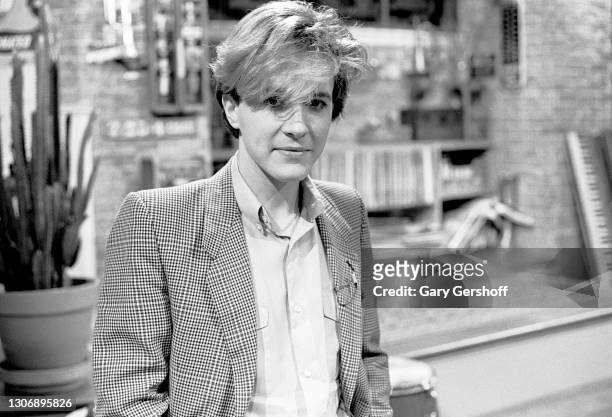 View of English New Wave musician David Sylvian , of the group Japan, during an interview at MTV Studios, New York, New York, April 20, 1982.